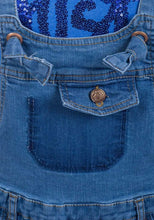Load image into Gallery viewer, Girls Minoti Blue Short Pinafore Cotton Stretchy Denim Jeans Playsuit Dungarees
