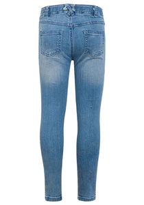 Girls Blue Two Tone Effect Distressed Adjustable Waist Stretch Denim Jeans