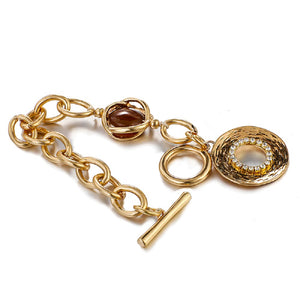 Gold Smoky Gemstone Chunky Round Link Toggle Clasp Bracelet