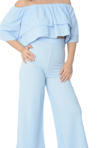 Ladies Blue Bandeau Short Sleeve Top & Cropped Trouser Set