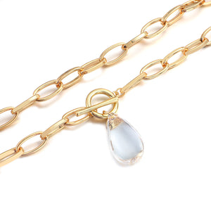 Gold Plated Chunky Link Chain & Transparent Crystal Water Drop Pendant
