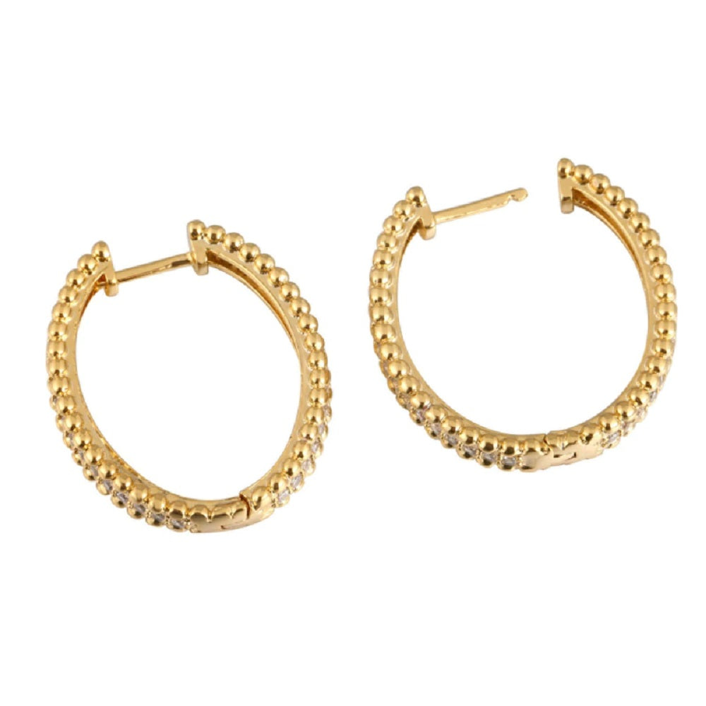 Elegant Gold Oval Beaded Trim Middle Zircon Creole Hoop Earrings