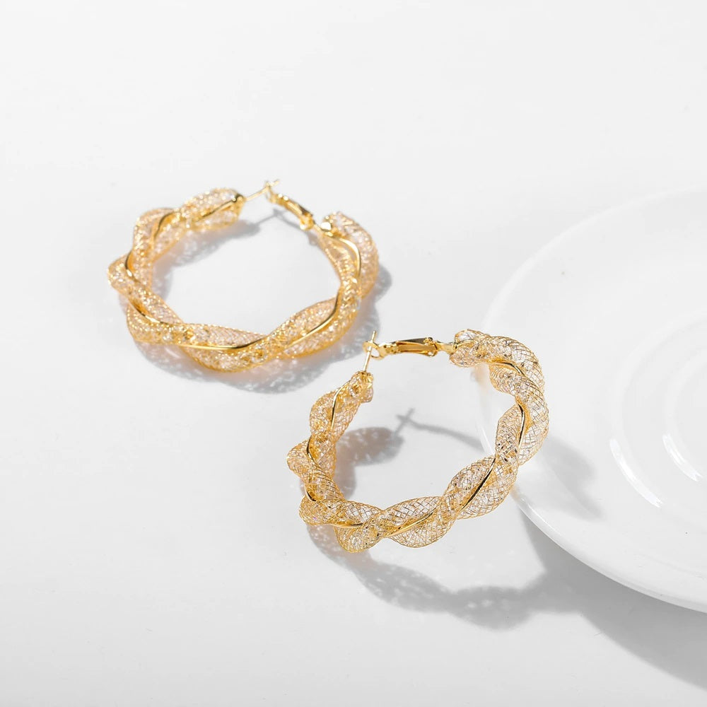Ladies Gold Round Chunky Twist Crystal Sparkly Hoop Earrings