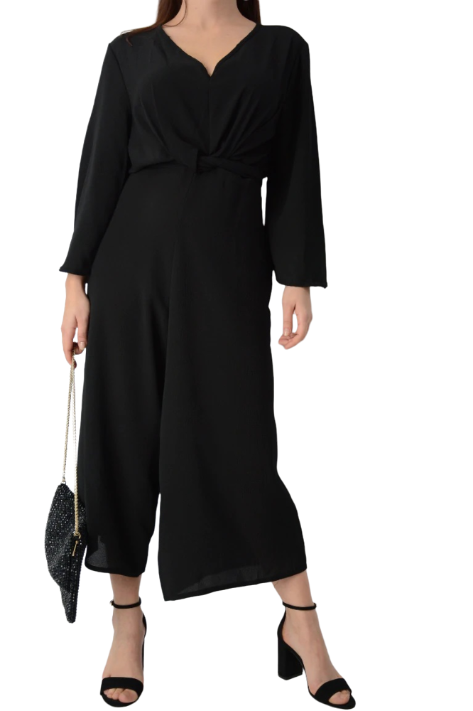 Black Crepe V Neck Front Waist Attached Belt Tie Jumpsuits