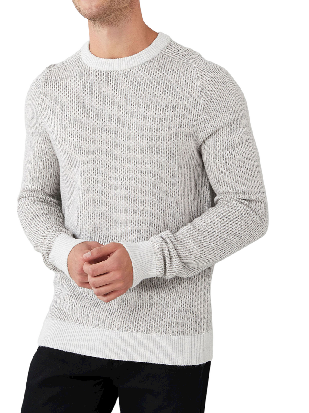 Mens Light Grey Wool Blend Oatmeal Textured Ribbed Crew Neck Warm Jumper