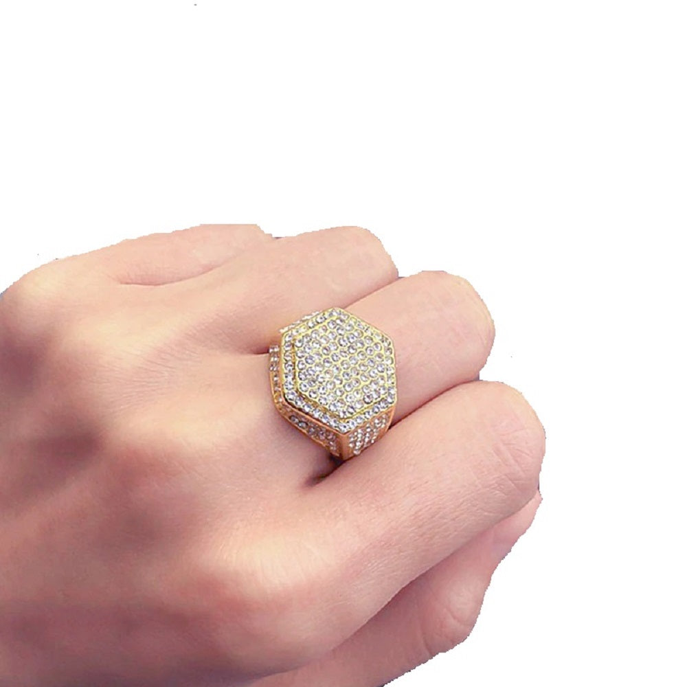 Mens Luxury 18K Gold Plated Hexagon Micropave CZ Ring