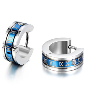 Unisex Silver & Blue Trim Crystal Roman Numeral Steel Anti-Allergic Hoop Earring