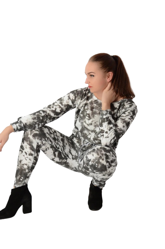 Ladies Black Tie Dye Sweat Stirrup Elasticated Waist Jumpsuit