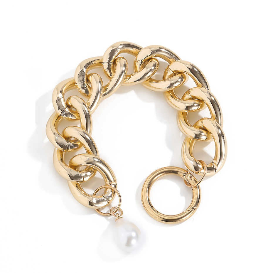 Ladies Gold Chunky Round Link Pearl Coin Charms Toggle Clasp Handchain Bracelets