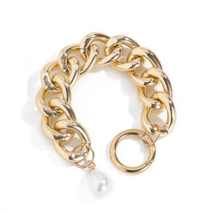 Ladies Gold Chunky Round Link Pearl Coin Charms Toggle Clasp Handchain Bracelets