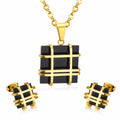 Ladies Gold Silver Stainless Steel Geometry Square Shape Earrings Necklace Set