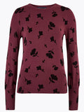 Ladies Dark Red Floral Print Super Soft Long Sleeve Jumper