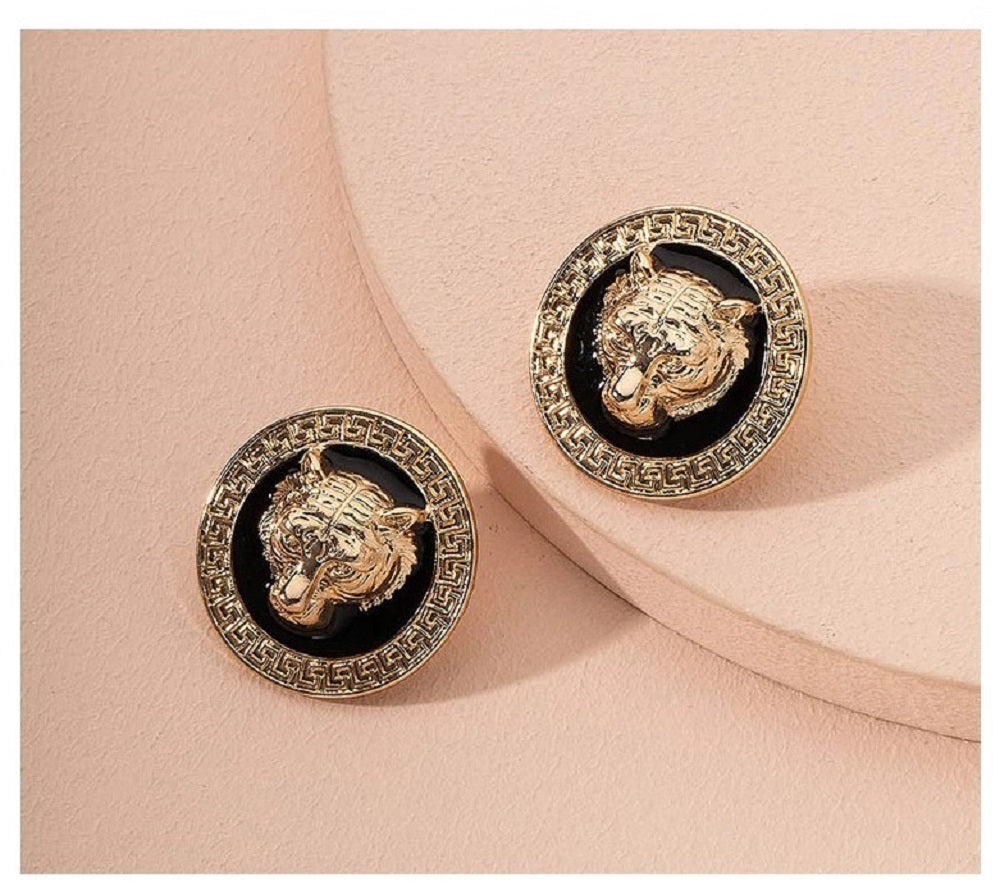 Ladies Gold Plated Tiger Head Pendant Stud Earrings