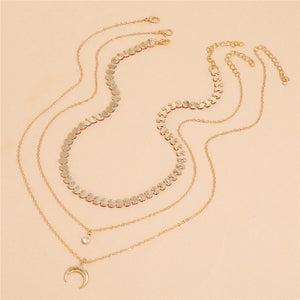 Triple Layer Gold Plated Zircon Moon Pendants Fish Tail Link Necklaces