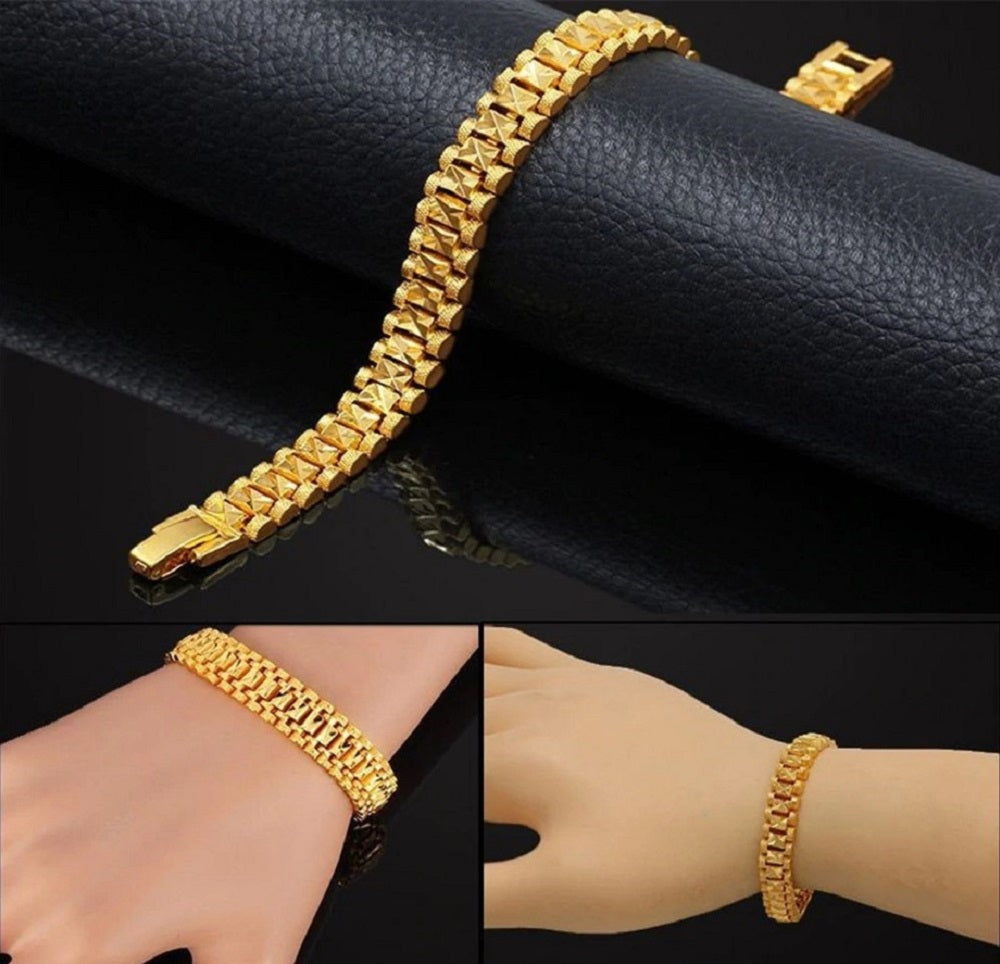 Unisex 18K Gold Plated Carved Link Pattern 7.1" Thick Layered Bracelet