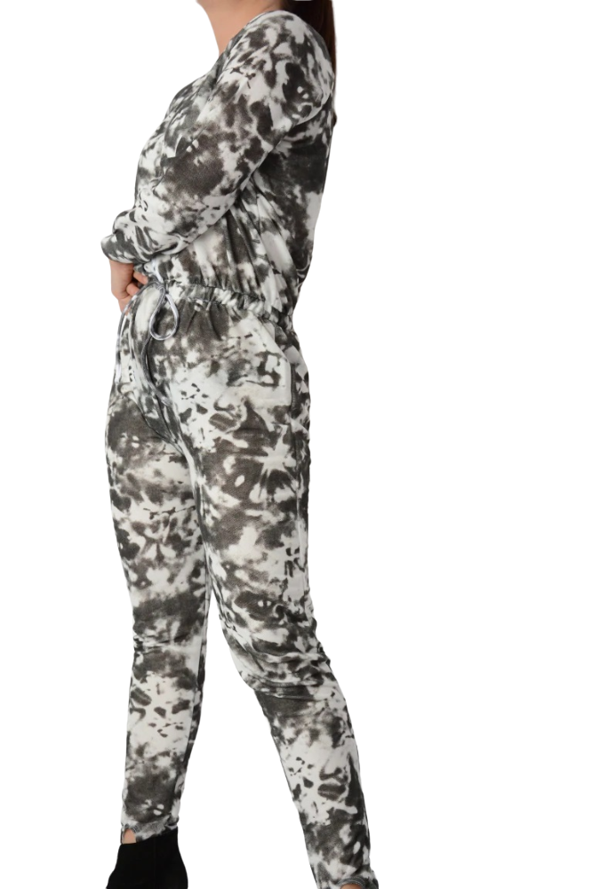Ladies Black Tie Dye Sweat Stirrup Elasticated Waist Jumpsuit