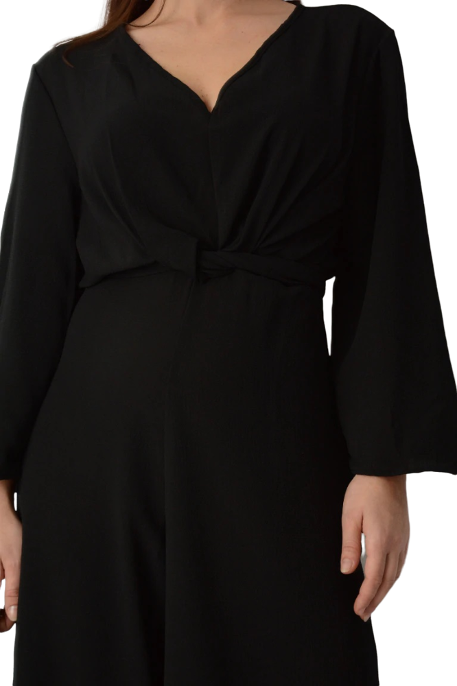 Black Crepe V Neck Front Waist Attached Belt Tie Jumpsuits