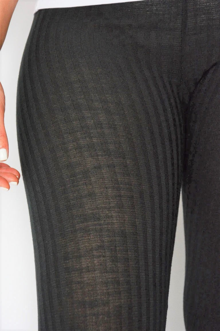 Black Ribbed Mid Rise Stretchy Full Length Leggings