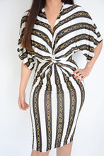 Load image into Gallery viewer, White &amp; Black Stripe Chain Print Twist Wrap Midi Dress
