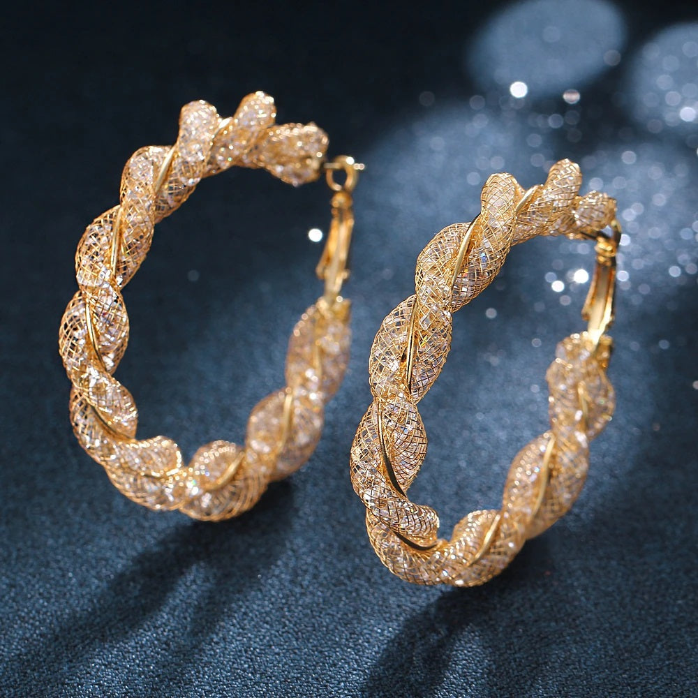 Ladies Gold Round Chunky Twist Crystal Sparkly Hoop Earrings