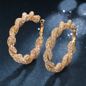 Ladies Gold Round Chunky Twist Crystal Sparkly Hoop Earrings