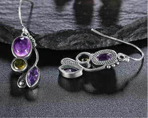 Ladies Vintage 925 Silver Purple Moonstone Leaf Spiral Drop Earring