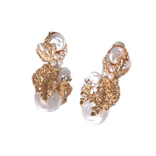 Load image into Gallery viewer, Ladies Gold Pearl Crystal Beaded Leafy Bold Earrings
