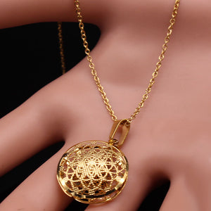 Gold Flower Of Life Stainless Steel Hollow Earring Pendant Necklace Set