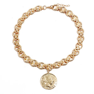 Unisex Gold Retro Round Head Coin Pendant InterLink Chain Necklace