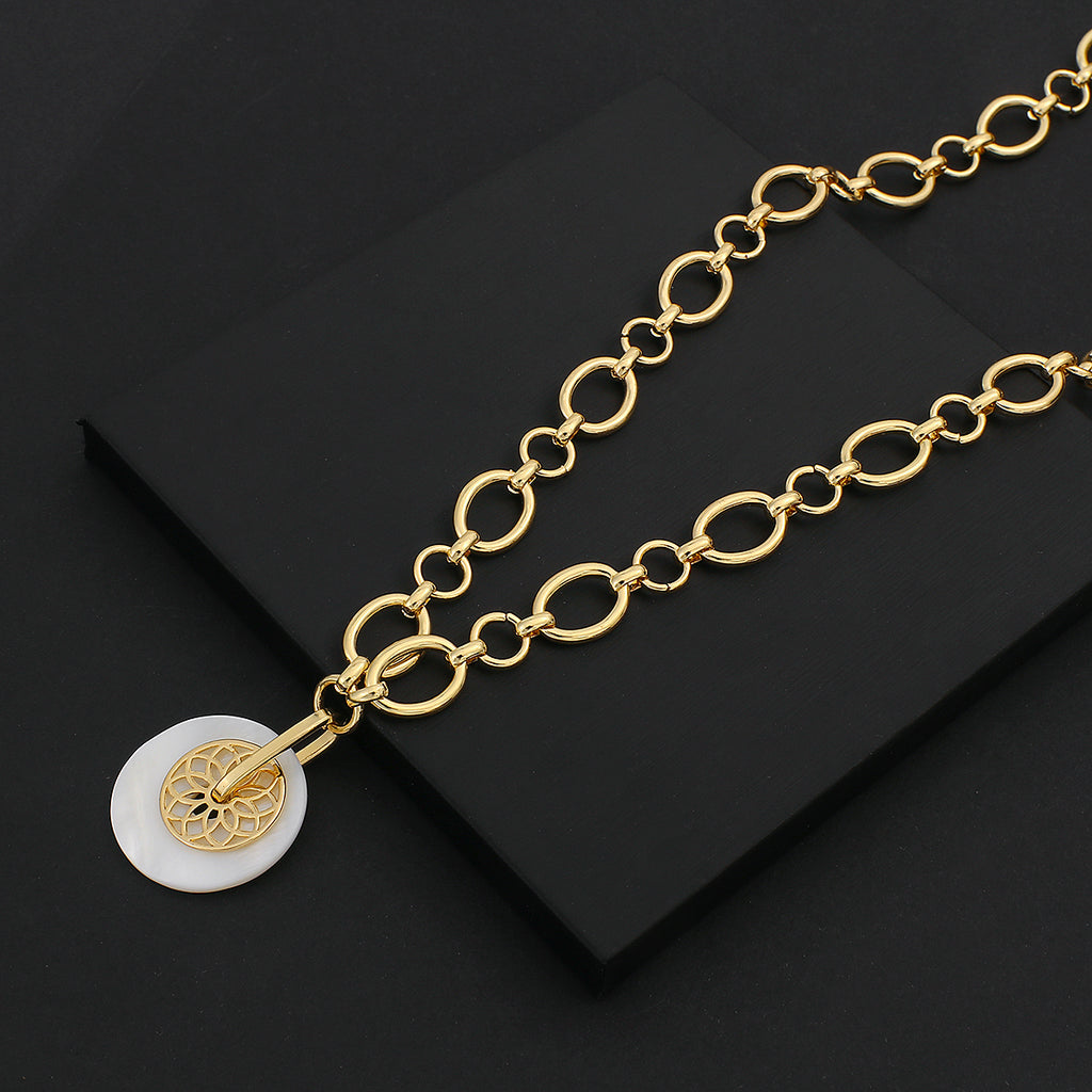 Ladies Gold Plated Round Shell Lotus Pendant Chunky Round Link Chain Necklace