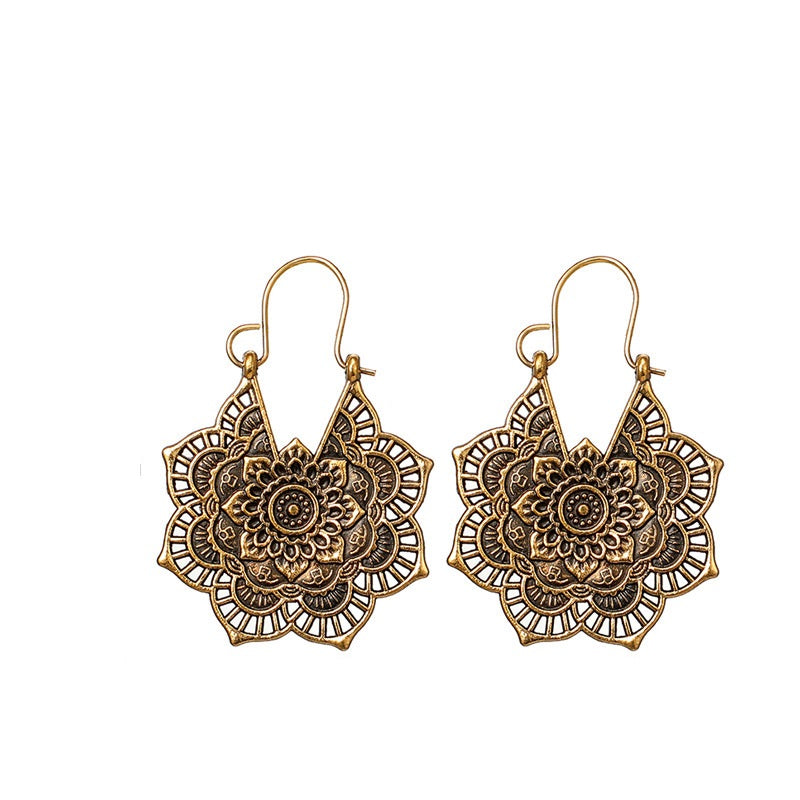 Ladies Gold Vintage Tribal Brass Mandala Bee Flower Cutout Hook Earrings