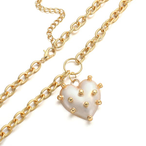 Ladies Gold Plated Chunky Round Link Chain & Irregular Pokey Pearl Heart Pendant