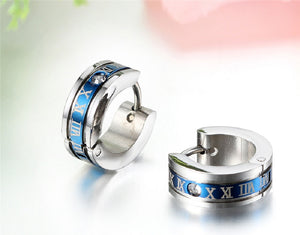 Unisex Silver & Blue Trim Crystal Roman Numeral Steel Anti-Allergic Hoop Earring