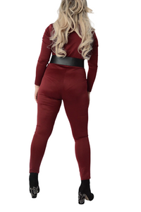 Ladies Burgundy Wrap V-Neck Long Sleeve Jumpsuit