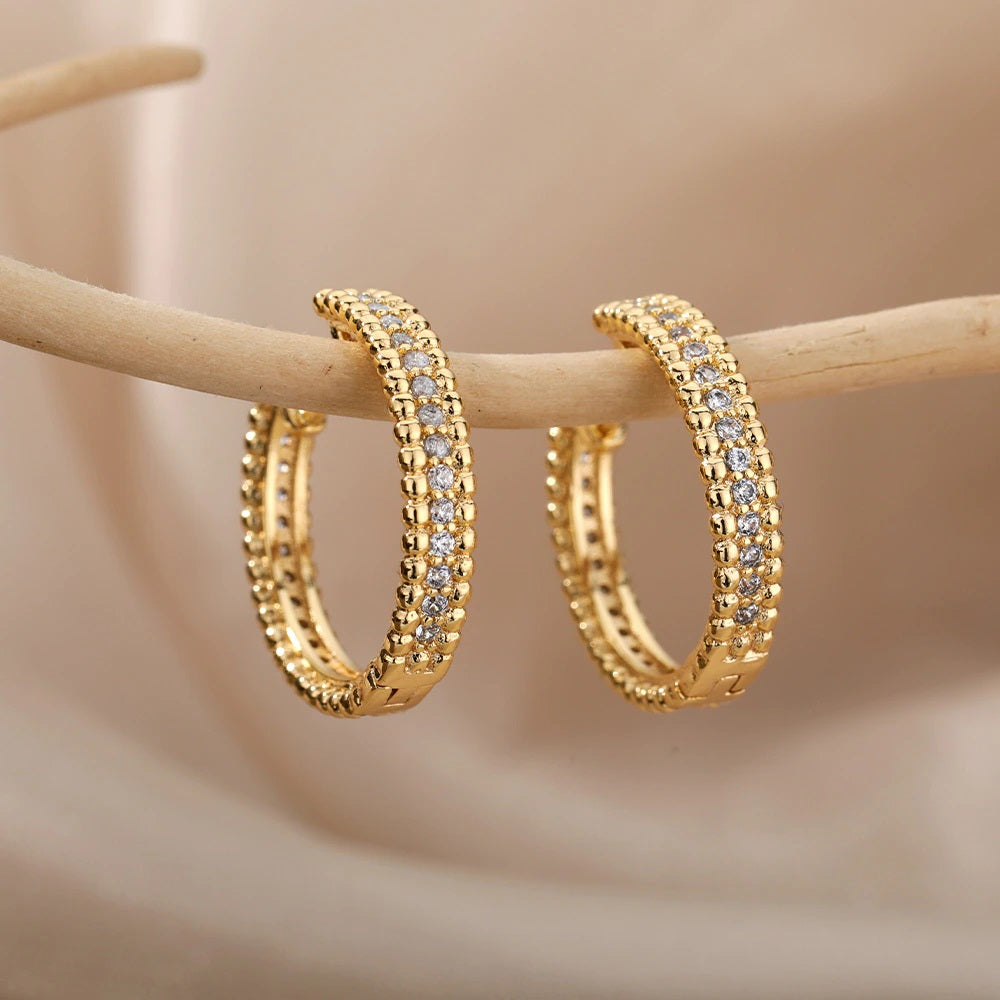 Gold Round Medium Beaded Trim Middle Zircon Creole Hoop Womens Earrings