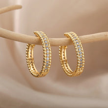 Load image into Gallery viewer, Gold Round Medium Beaded Trim Middle Zircon Creole Hoop Womens Earrings
