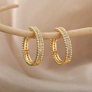 Gold Round Medium Beaded Trim Middle Zircon Creole Hoop Womens Earrings