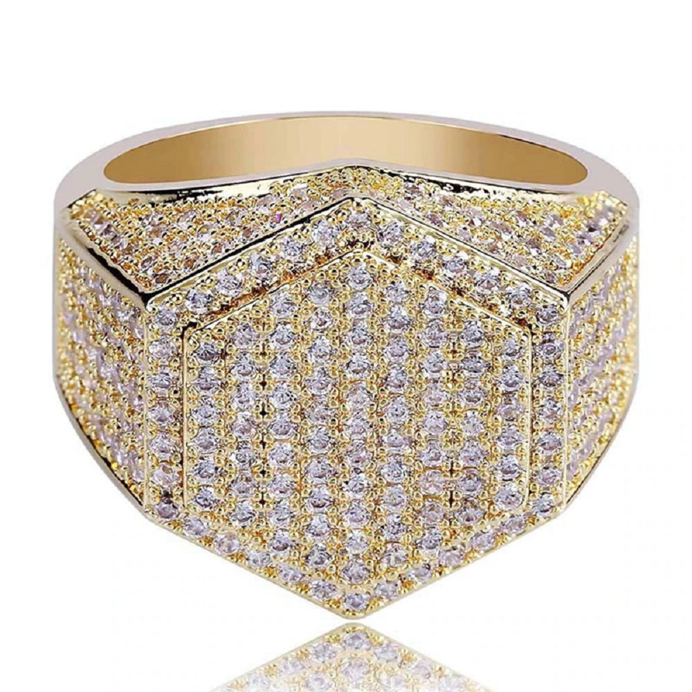 Mens Luxury 18K Gold Plated Hexagon Micropave CZ Ring
