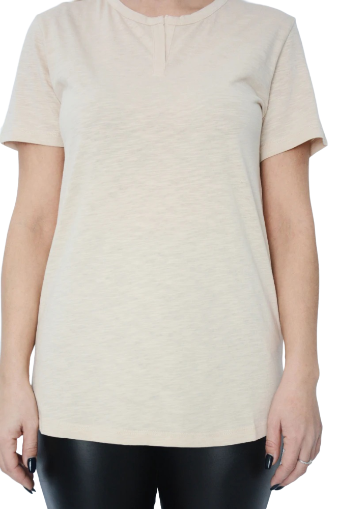 Ladies Beige Front V-Neck Slit Cotton Short Sleeve T-Shirt