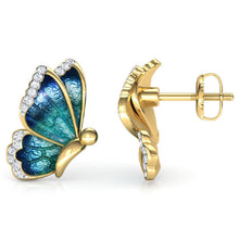 Load image into Gallery viewer, Ladies Green Blue Enamel Butterfly Wings White Crystal Trim Stud Earrings
