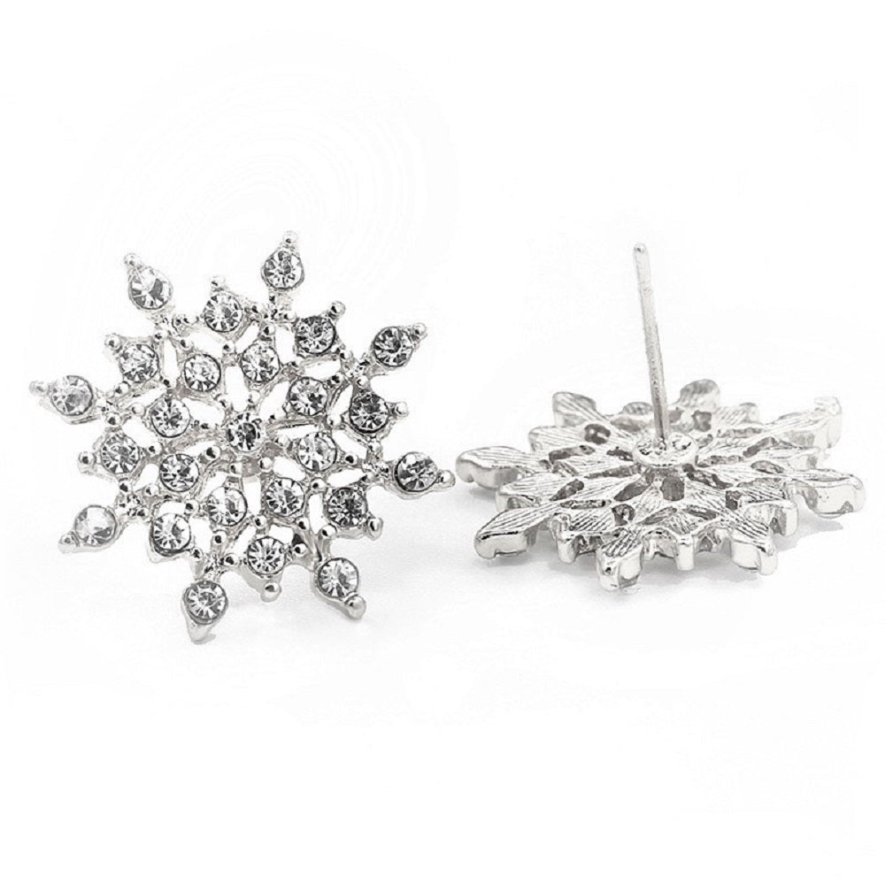Ladies Silver Rhinestone Crystal Zircon Snowflake Flower Stud Womens Earring