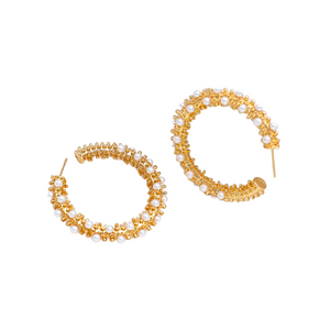 Ladies Gold Round Chunky Pearl Inlay Geometric C Shape Stud Earrings