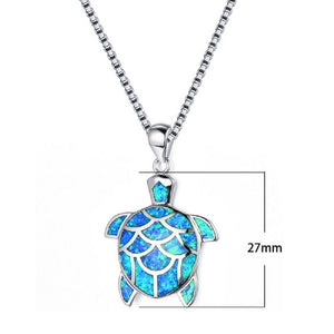 Blue Opal Fish Scale Turtle Pendant Silver Link Chain Necklace