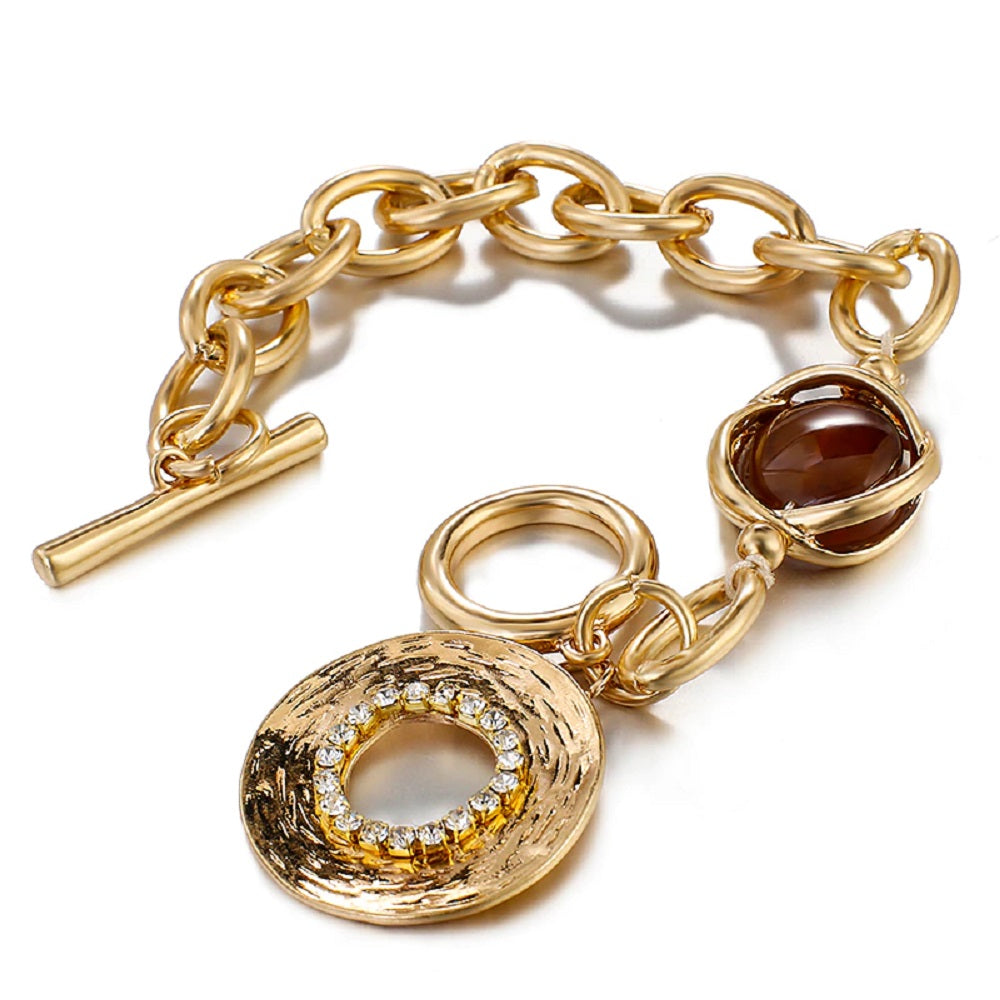 Gold Smoky Gemstone Chunky Round Link Toggle Clasp Bracelet