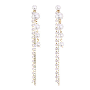 Ladies Vintage Gold Simulated Pearl Tassel Long Dangling Earrings