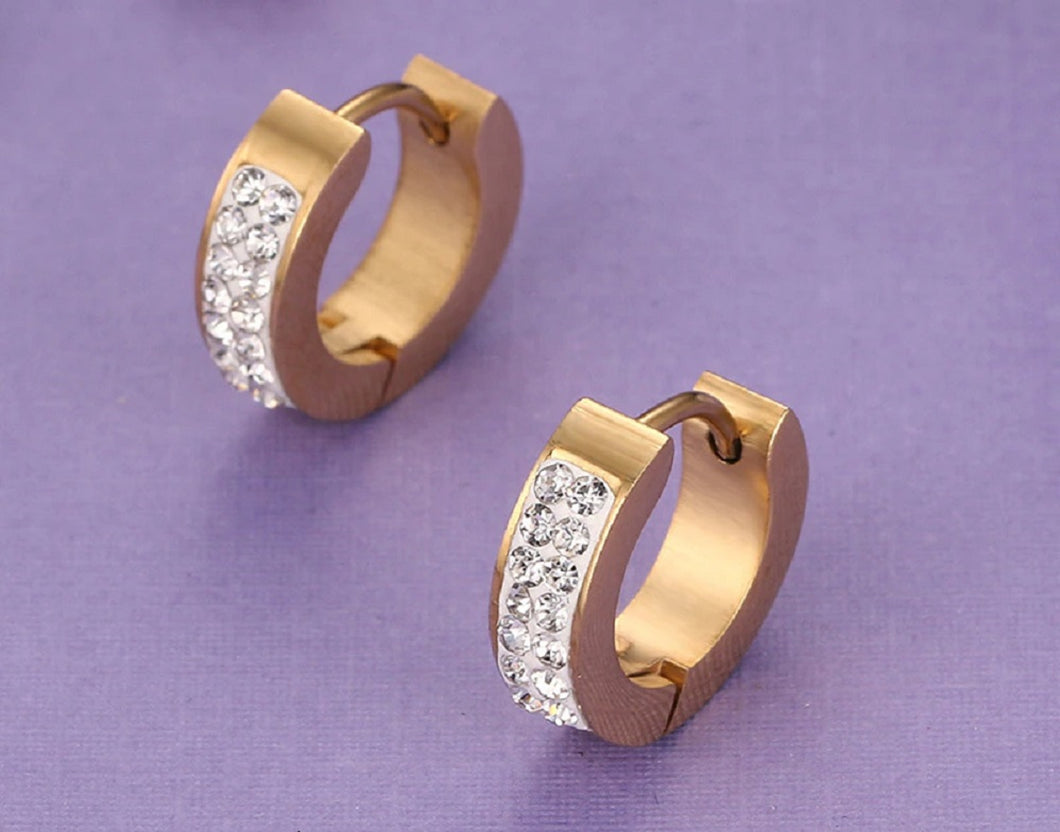 Gold Small Stainless Steel Crystal Small Huggie Hoop Earrings