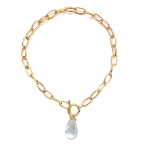 Gold Plated Chunky Link Chain & Transparent Crystal Water Drop Pendant