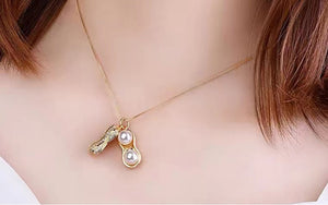 Unisex Gold Simulated Pearl Peanut With Crystals Link Necklace Set