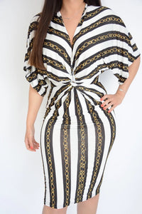 White &amp; Black Stripe Chain Print Twist Wrap Midi Dress