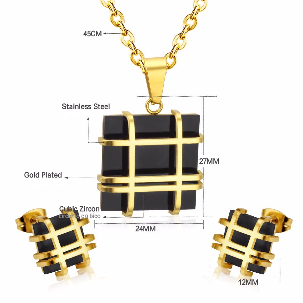 Ladies Gold Silver Stainless Steel Geometry Square Shape Earrings Necklace Set